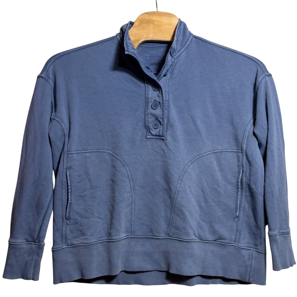 Aerie Real Me Blue Quarter Button Sweatshirt Mock Neck Pullover Small